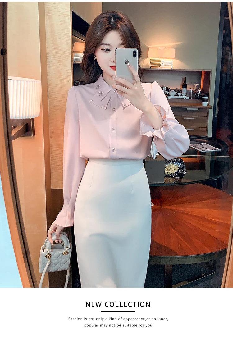 Elegant Chiffon Long Sleeve Blouse - White, Korean Office Style 2025
