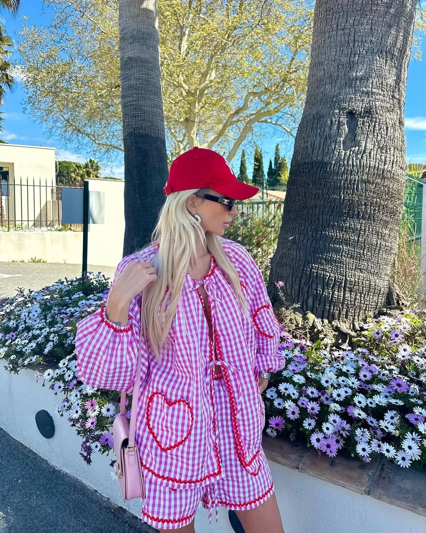 Plaid Heart Patchwork Blouse - V-Neck Lace-Up Long Sleeve