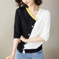 V-Neck Patchwork Cardigan - Contrast Color, Asymmetrical Design