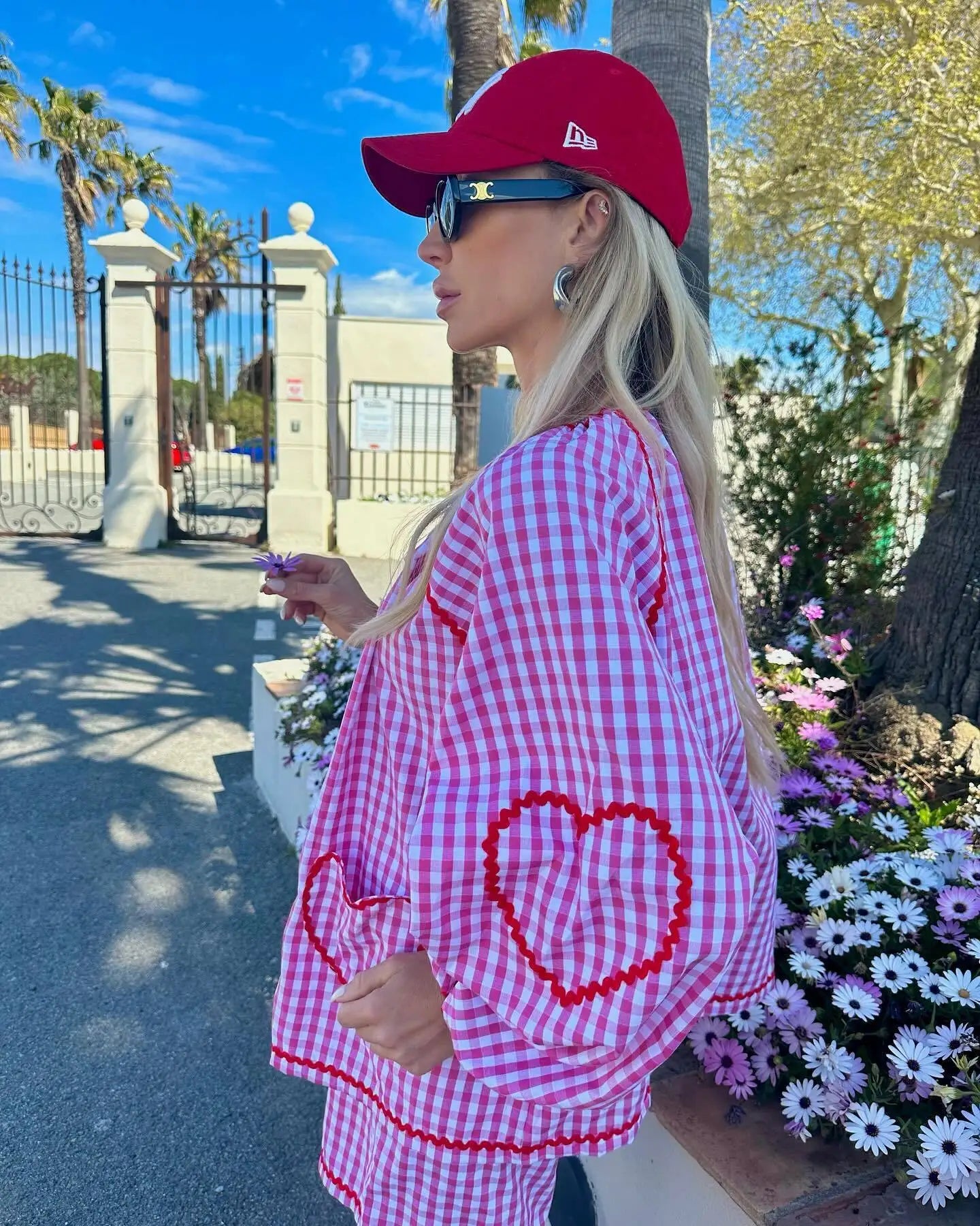 Plaid Heart Patchwork Blouse - V-Neck Lace-Up Long Sleeve