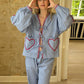 Plaid Heart Patchwork Blouse - V-Neck Lace-Up Long Sleeve