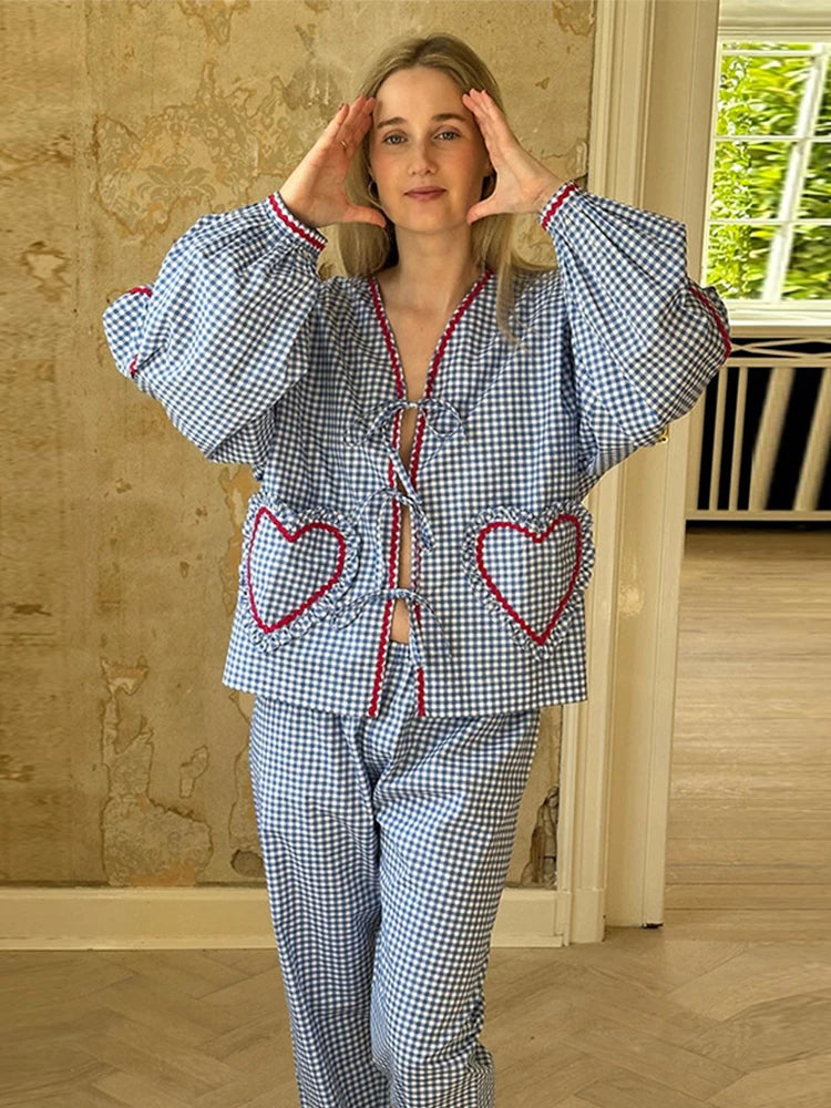 Plaid Heart Patchwork Blouse - V-Neck Lace-Up Long Sleeve