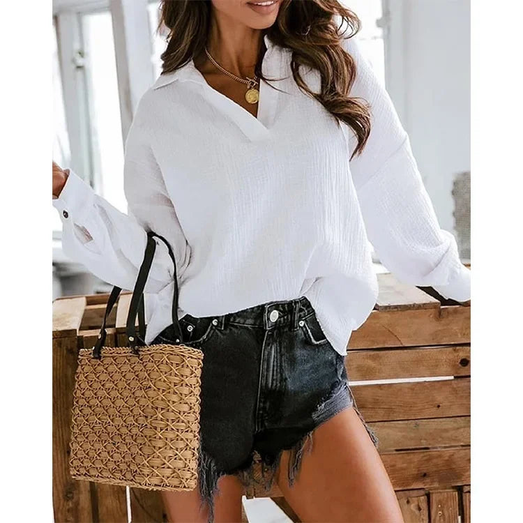 Lantern Sleeve Polo Pullover - Solid Color, Casual Autumn/Winter Top
