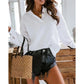 Lantern Sleeve Polo Pullover - Solid Color, Casual Autumn/Winter Top