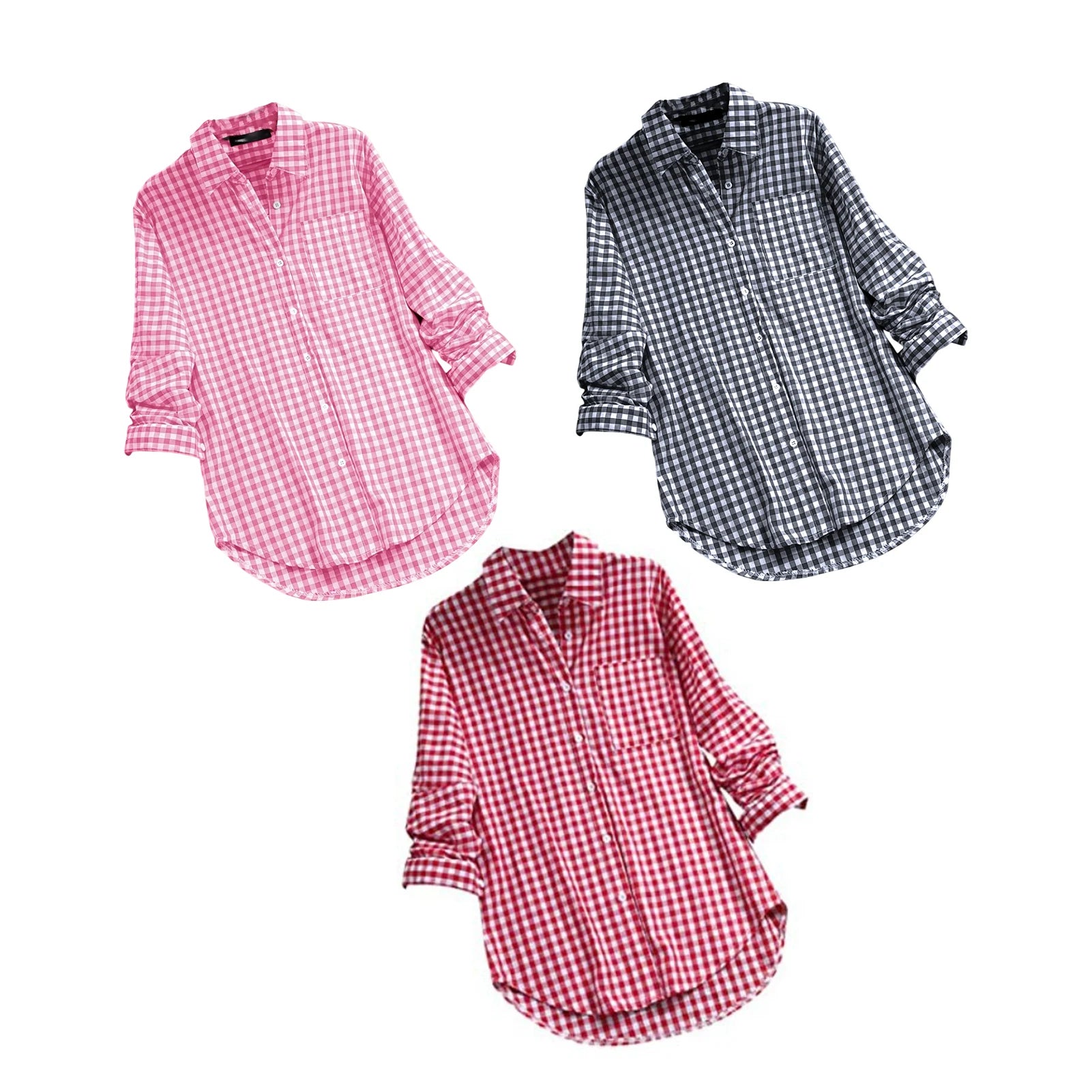 Plaid Cotton-Linen Tunic - V-Neck Roll-Up Sleeve Button-Down Shirt