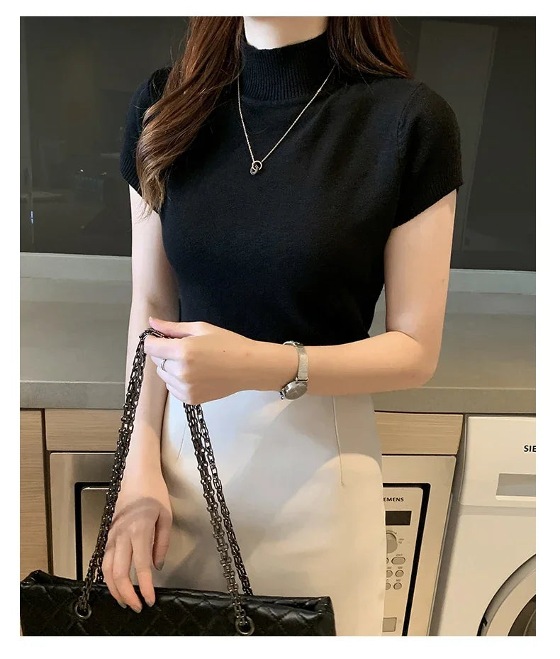 2024 Summer Turtleneck Knit Blouse - Short Sleeve
