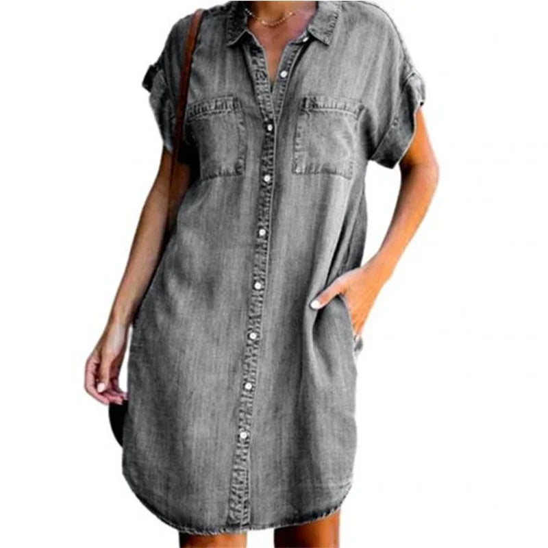 Distressed Denim Shirt Dress - Short Sleeve Button-Down Casual Tunic for Women