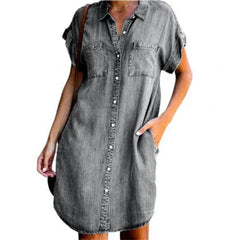 Distressed Denim Shirt Dress - Short Sleeve Button-Down Casual Tunic for Women