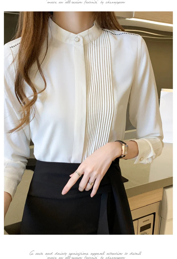 023 Chiffon Bow V-Neck Blouse - Long Sleeve Office Top