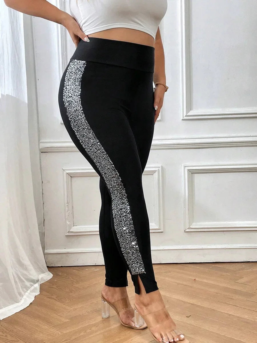 Plus-Size Elegant Stretch Leggings – Sequin Side Slim Fit Pants