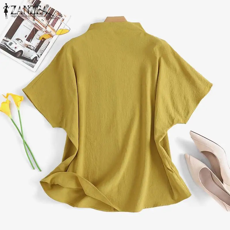 ZANZEA Cotton Turtleneck Blouse - Short Sleeve, Oversized Fit