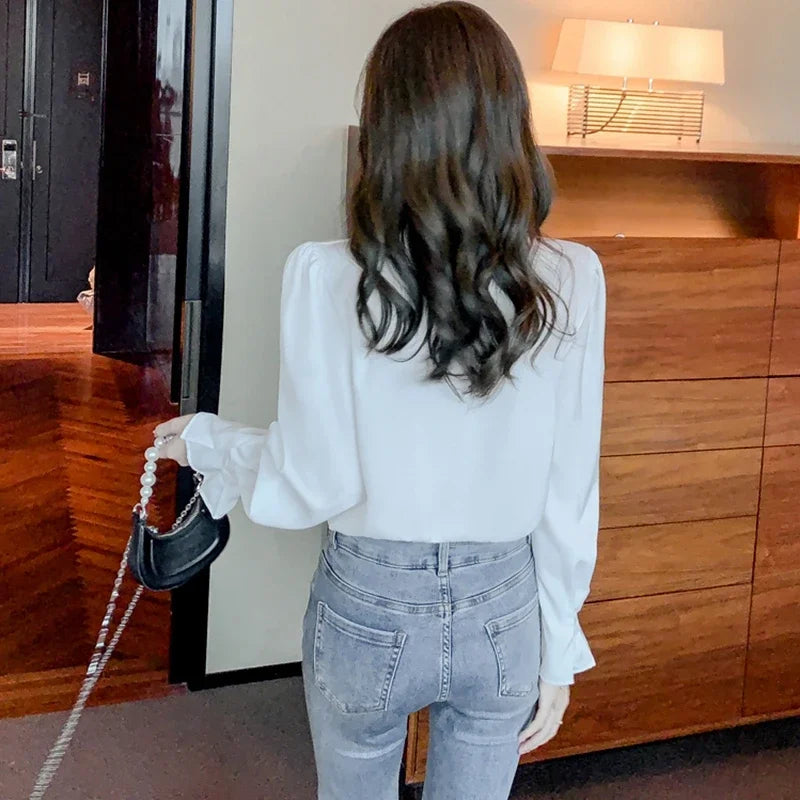 Elegant Chiffon Long Sleeve Blouse - White, Korean Office Style 2025