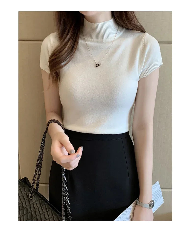 2024 Summer Turtleneck Knit Blouse - Short Sleeve