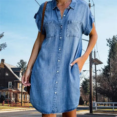 Distressed Denim Shirt Dress - Short Sleeve Button-Down Casual Tunic for Women
