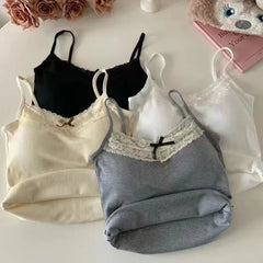 Lace Bow Corset Camisole - Sleeveless Slim Crop Top with Chest Pad for Summer Elegance