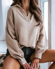 Lantern Sleeve Polo Pullover - Solid Color, Casual Autumn/Winter Top
