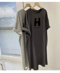 Letter Printed O-Neck Dress - Summer Casual Loose Short Sleeve Pullover Tunic for Women
