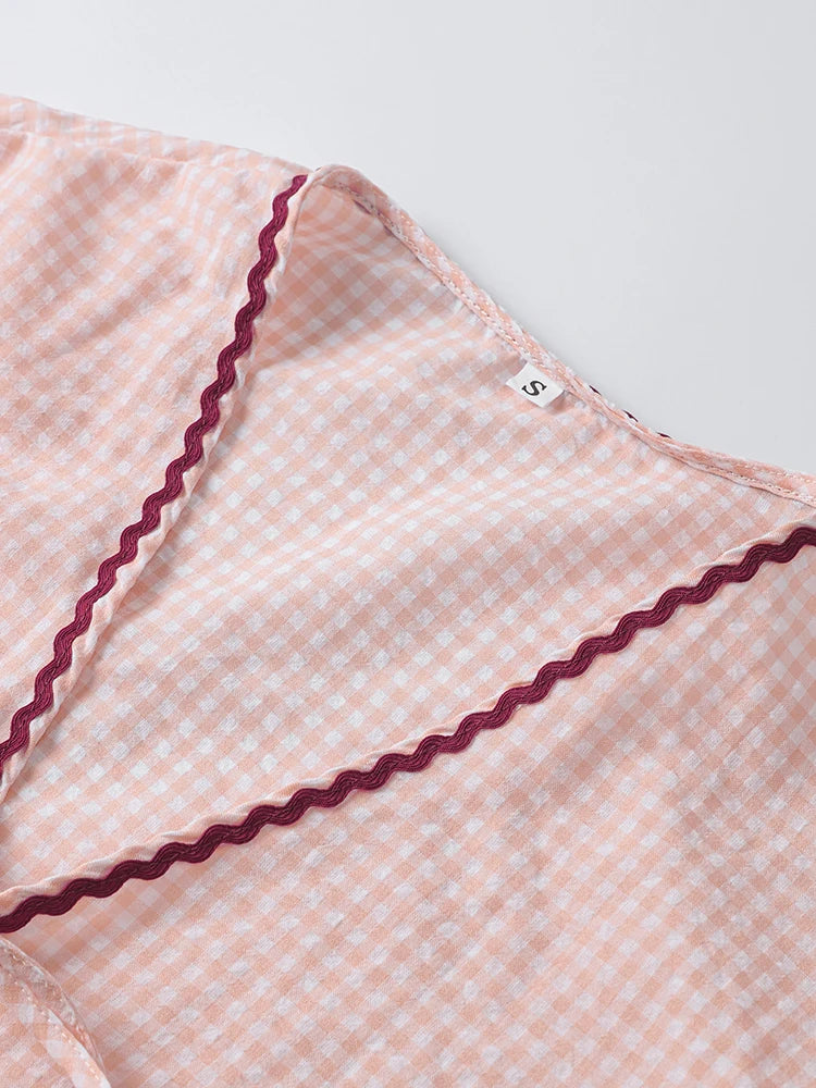 Plaid Heart Patchwork Blouse - V-Neck Lace-Up Long Sleeve