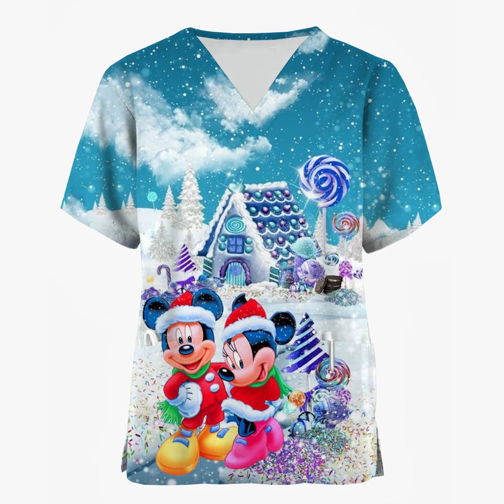 Mickey Mouse V-Neck Nursing Scrub Top - Christmas Print