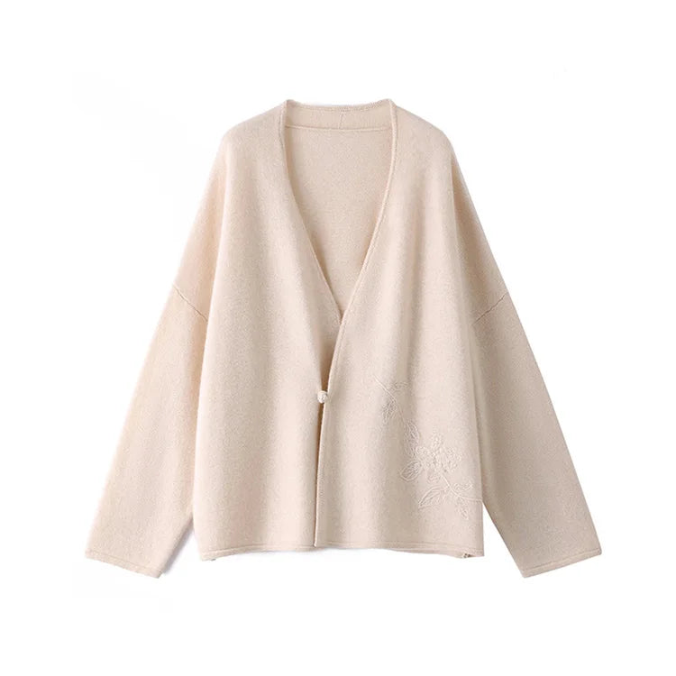 100% Merino Wool Embroidered Cardigan - Floral V-Neck, Autumn/Winter 2024