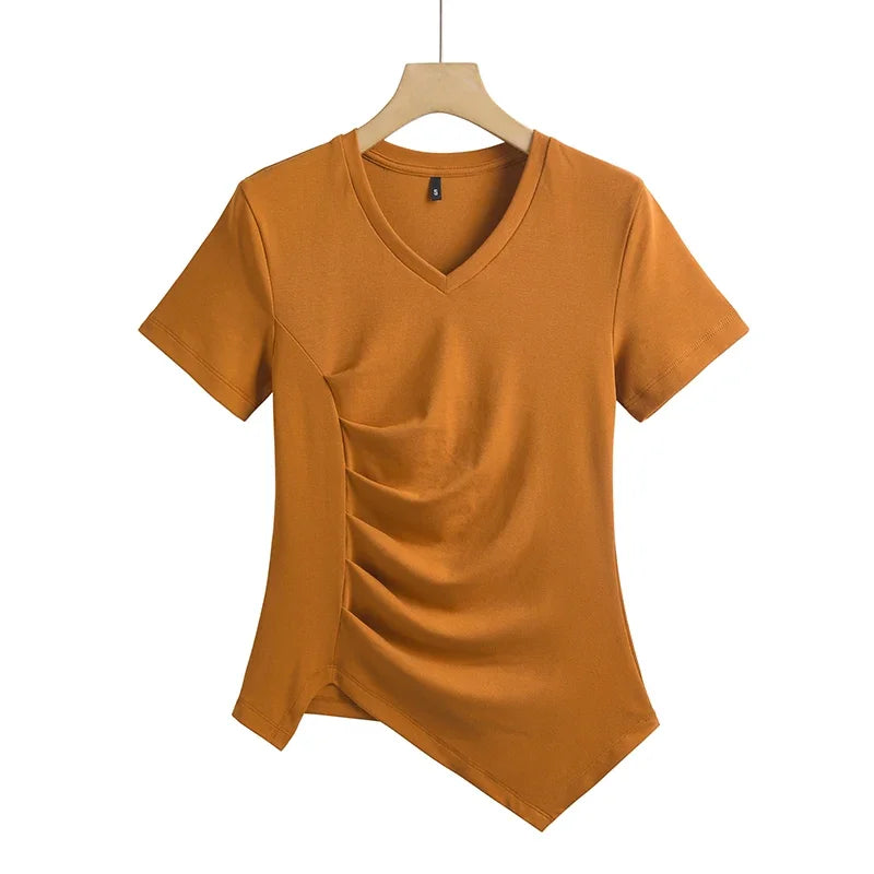 Chic V-Neck Pleated Cotton Tee - Irregular Hem