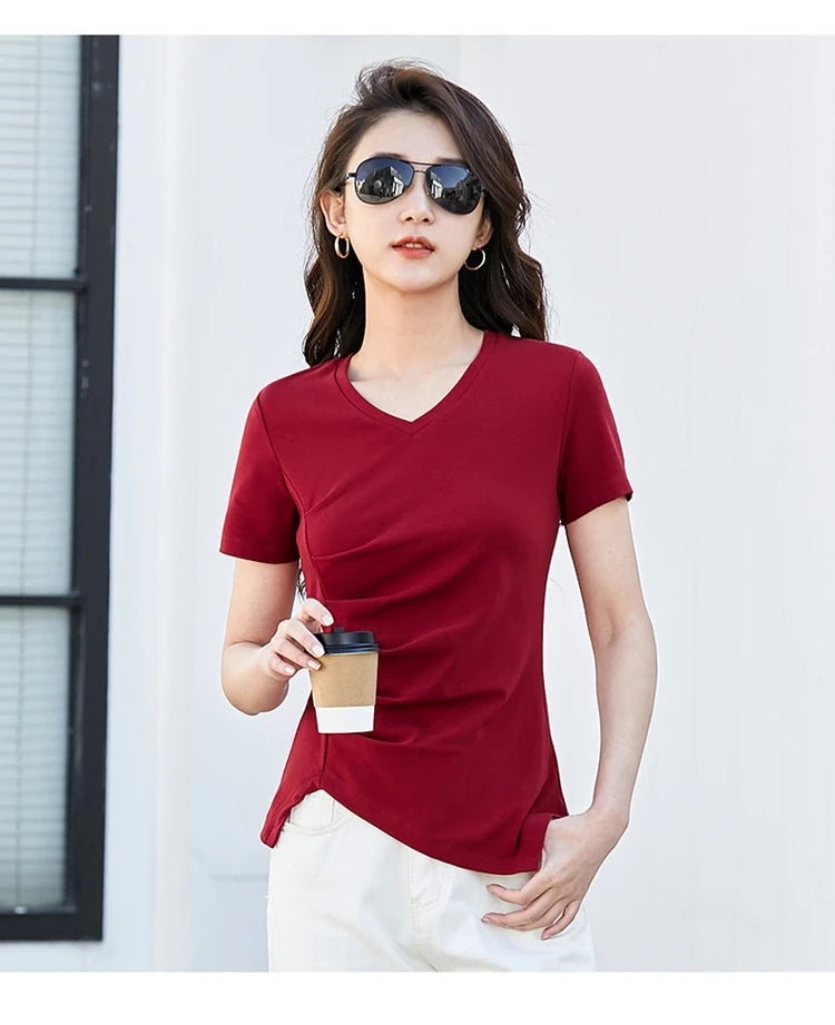 Chic V-Neck Pleated Cotton Tee - Irregular Hem