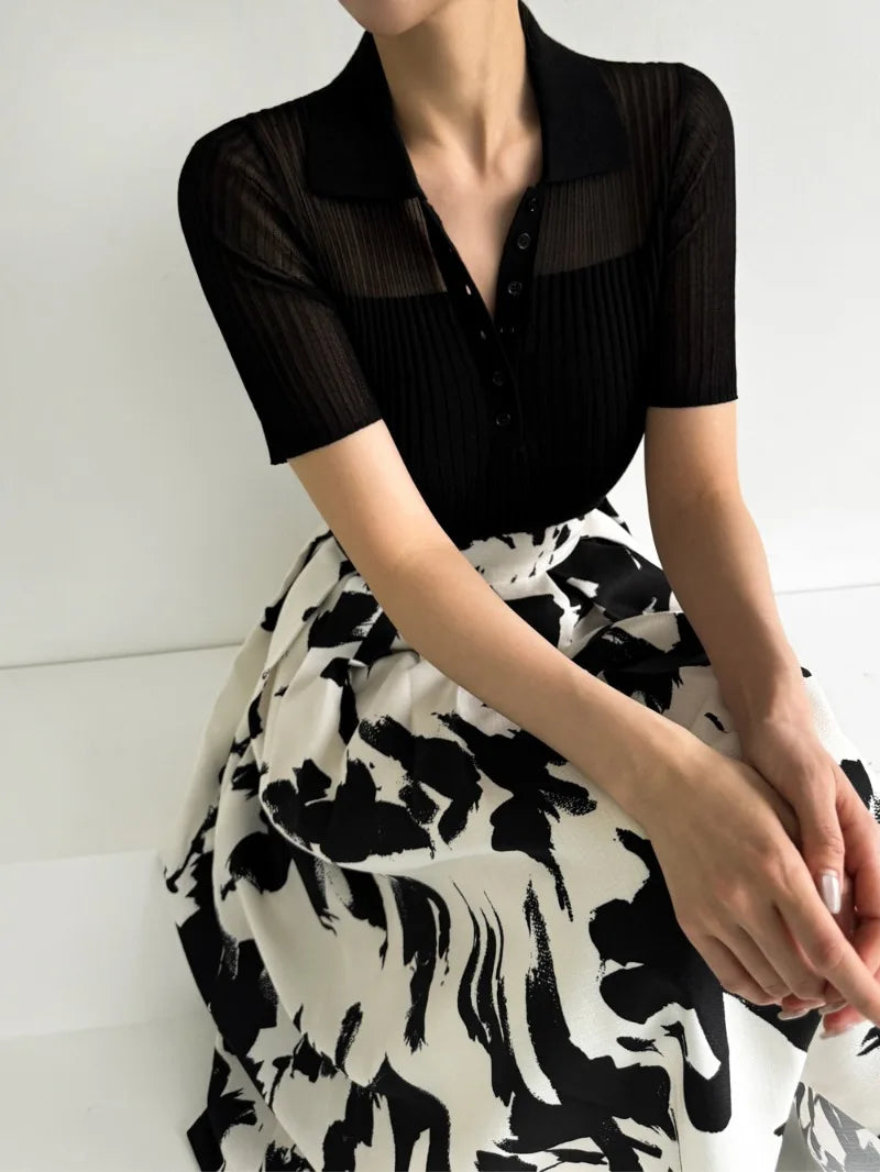 Ice Silk Polo Crop Top - Hollow-Out, Short Sleeve Korean Style