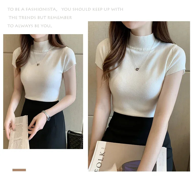 2024 Summer Turtleneck Knit Blouse - Short Sleeve