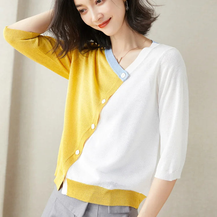 V-Neck Patchwork Cardigan - Contrast Color, Asymmetrical Design