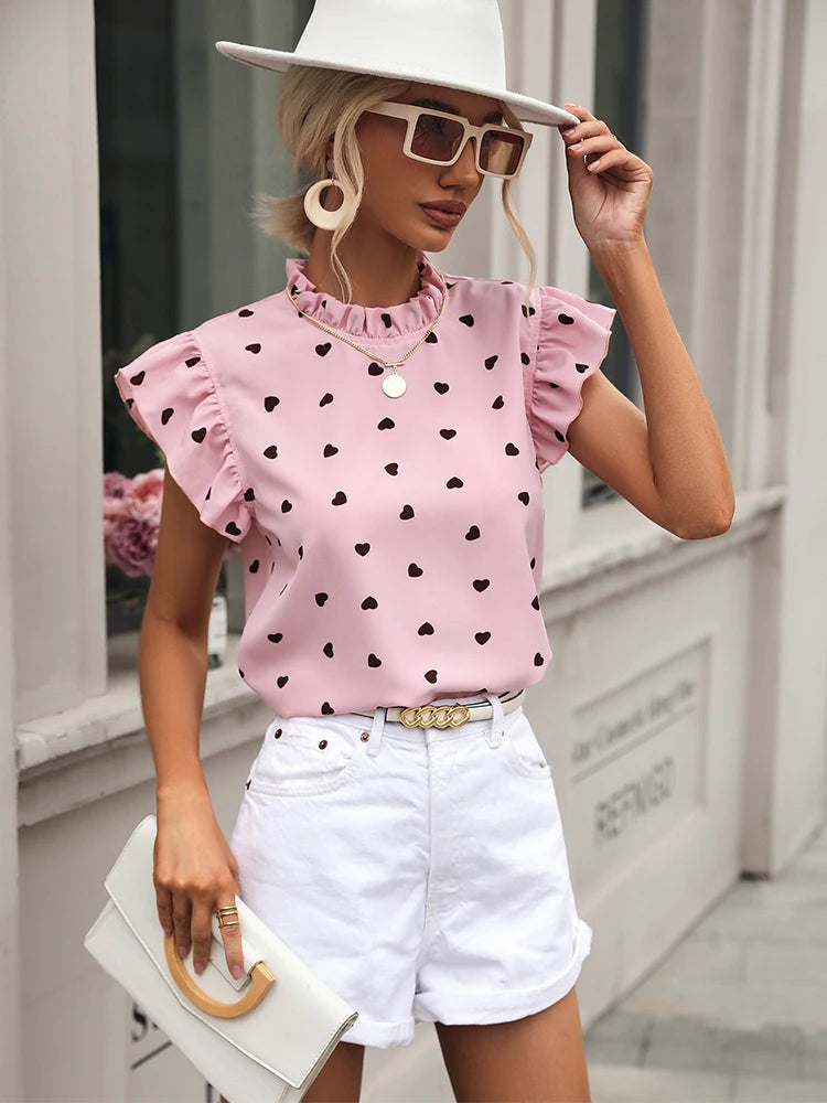 Chic Pink Chiffon Ruffle Blouse - Short Sleeve, Summer 2024