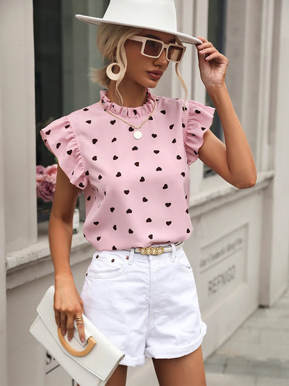 Chic Pink Chiffon Ruffle Blouse - Short Sleeve, Summer 2024