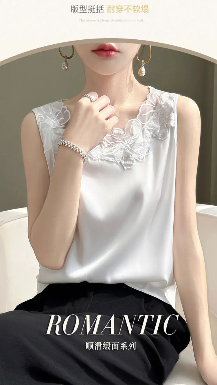 Elegant Silk Lace Camisole - Sleeveless Satin Top for Women