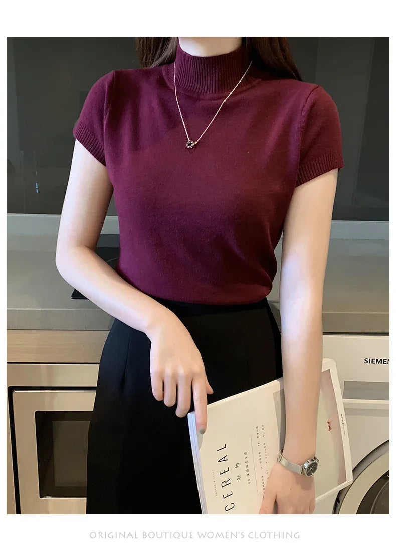 2024 Summer Turtleneck Knit Blouse - Short Sleeve