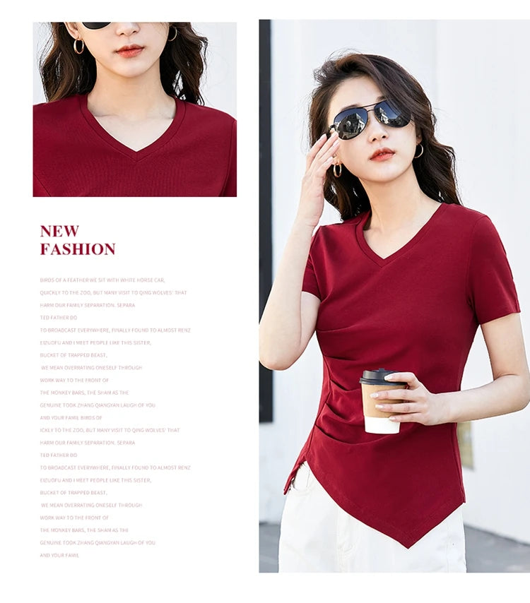 Chic V-Neck Pleated Cotton Tee - Irregular Hem