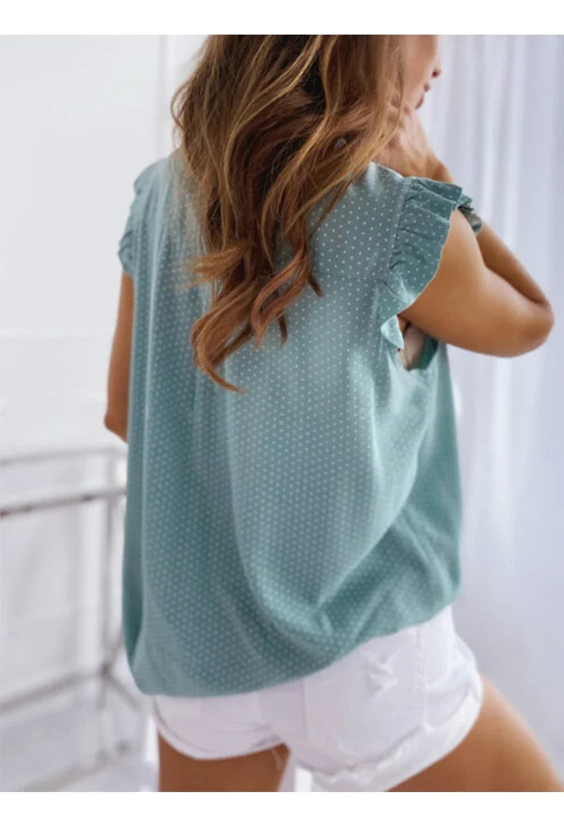 Sleeveless Ruffle Polka Dot Blouse - Lace-Up Bow