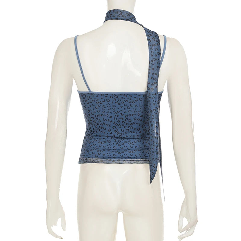 Leopard Print Mesh Camisole - Double Layer, Backless Y2K Style