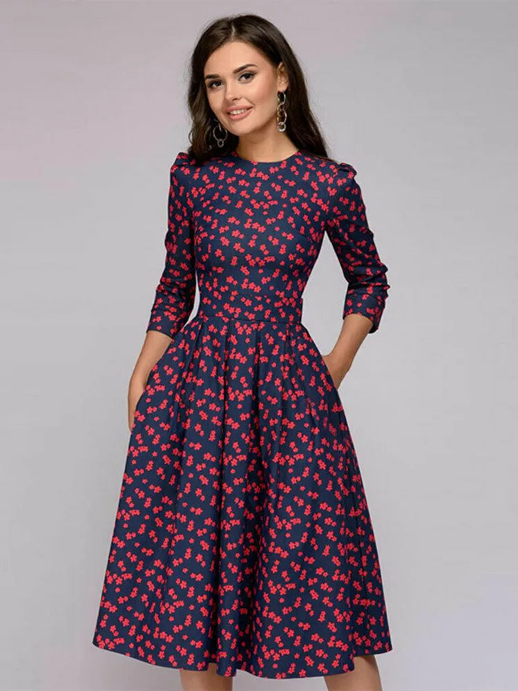Vintage Pleated A-Line Tunic Dress - Elegant Long Sleeve Autumn Party Maxi Dress for Women