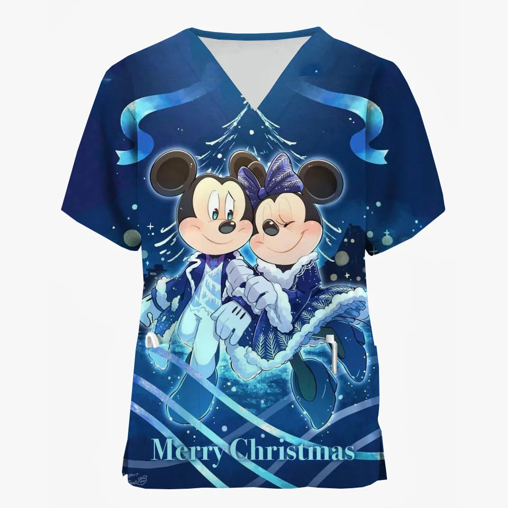 Mickey Mouse V-Neck Nursing Scrub Top - Christmas Print
