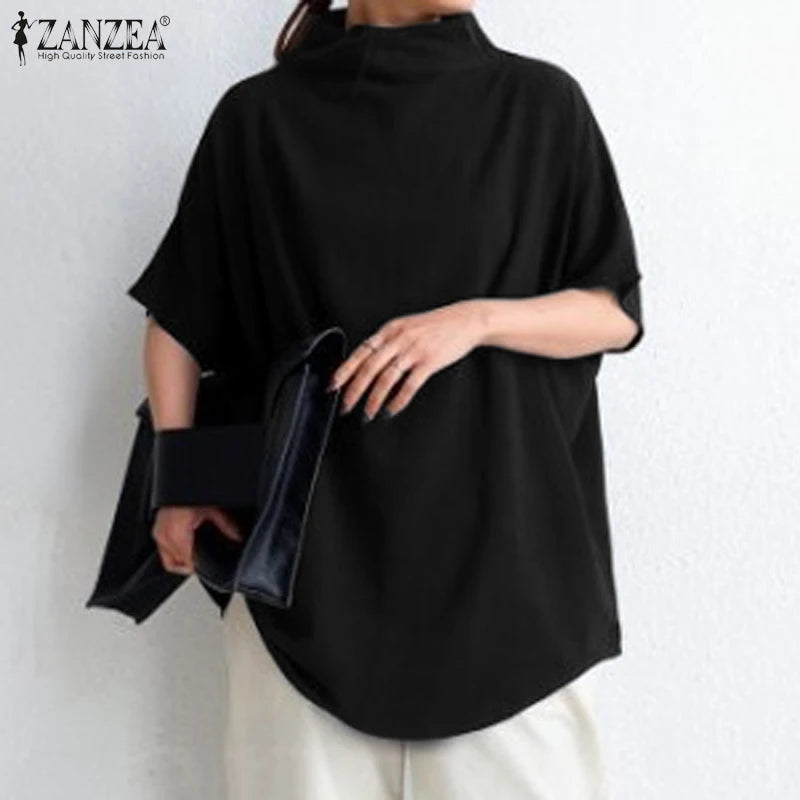 ZANZEA Cotton Turtleneck Blouse - Short Sleeve, Oversized Fit