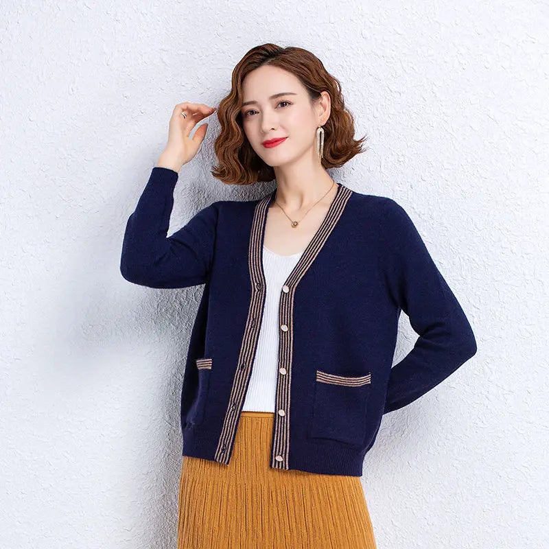 Striped Patchwork Knit Cardigan - V-Neck, Long Sleeve, Autumn 2024
