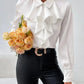 White Ruffled Lapel Blouse - Long Sleeve, Office Chic