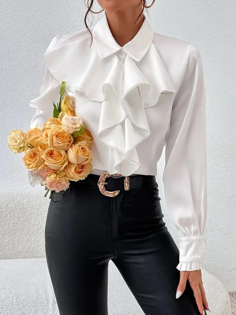 White Ruffled Lapel Blouse - Long Sleeve, Office Chic