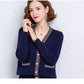 Striped Patchwork Knit Cardigan - V-Neck, Long Sleeve, Autumn 2024