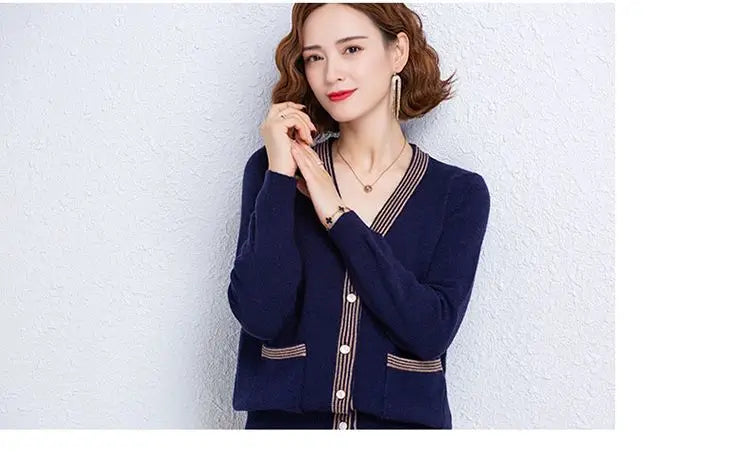 Striped Patchwork Knit Cardigan - V-Neck, Long Sleeve, Autumn 2024