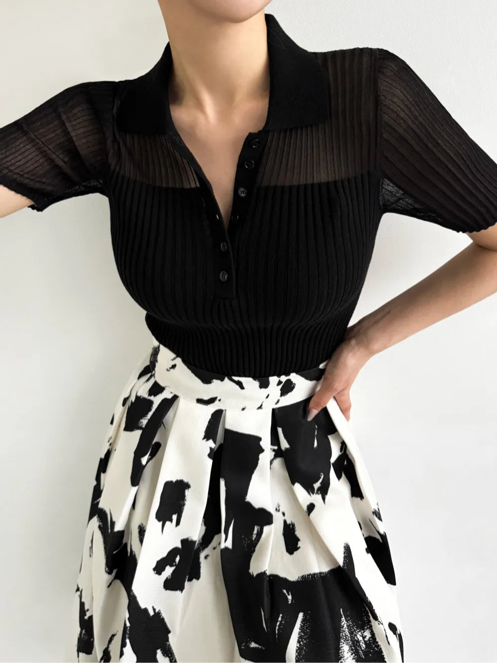 Ice Silk Polo Crop Top - Hollow-Out, Short Sleeve Korean Style