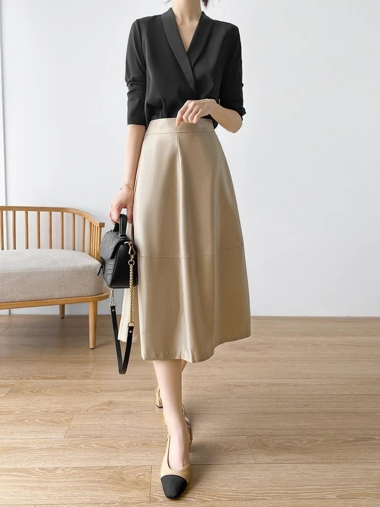 Silk Satin V-Neck Tunic - Long Sleeve, Office Chic