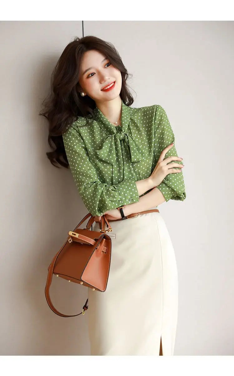Polka Dot Shawl Collar Blouse - Bow Detail, Long Sleeve