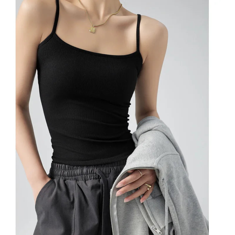 Spaghetti Strap Knit Camisole - Slim Fit Sleeveless Basic Tank