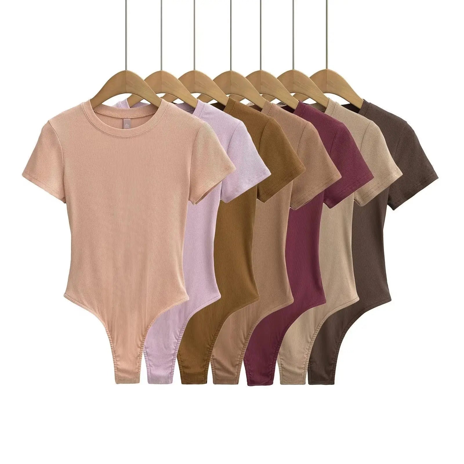 Stretchable Knit Bodysuit - Short Sleeve O-Neck Summer Basic (14 Colors)