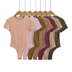 Stretchable Knit Bodysuit - Short Sleeve O-Neck Summer Basic (14 Colors)